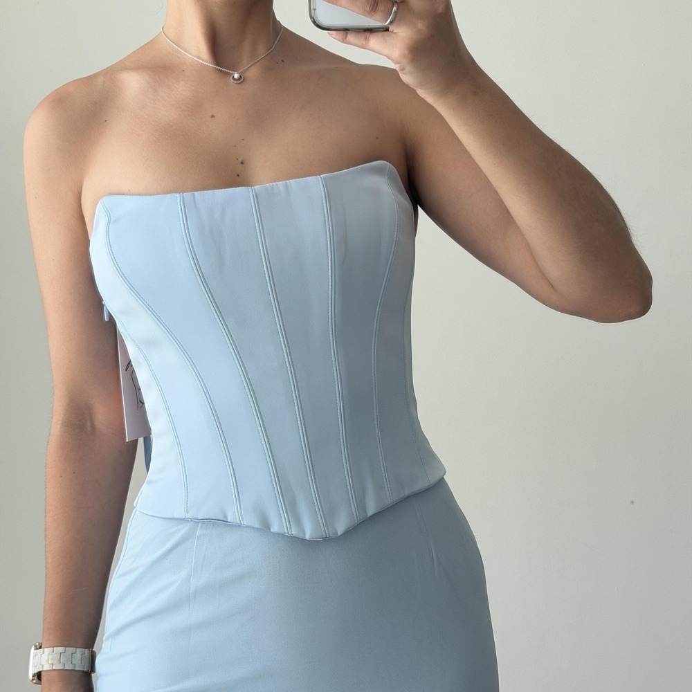 Oh Polly Dress 4 Blue Corset Mermaid Maxi Strapless Formal Evening Gown Wedding - Picture 2 of 14